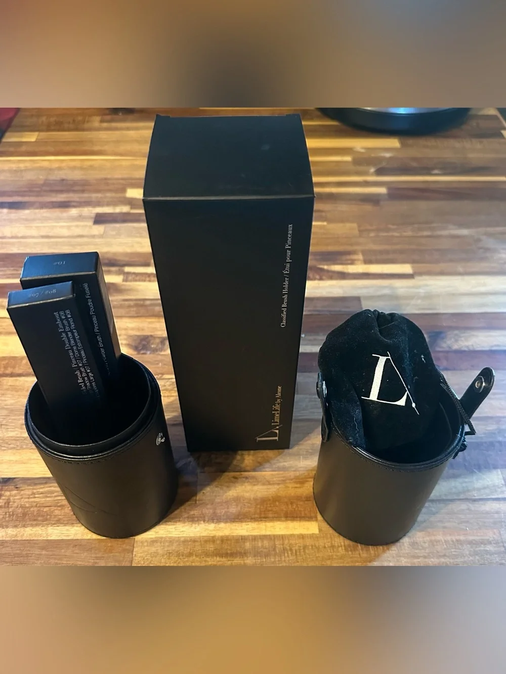 LimeLife by Alcone Black Makeup Brush Holder with 3 Black Makeup Brushes